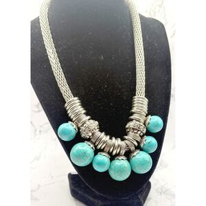 Chunky Turquoise Bead Silver Mesh Necklace Statement Southwestern